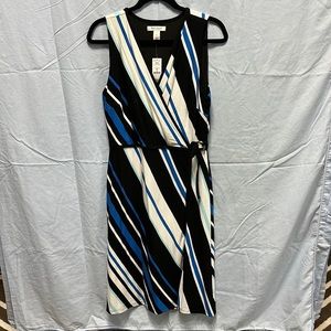 White House Black Market blue, black, white stripe wrap dress, M, new w/tags